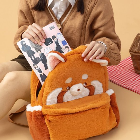 Red Panda Plush Backpack | Women Kids Cute School Laptop Handbag - Picture 6 of 10